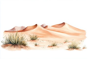 Watercolor of a serene desert landscape with sand dunes and sparse vegetation, minimalistic clipart isolated on white background