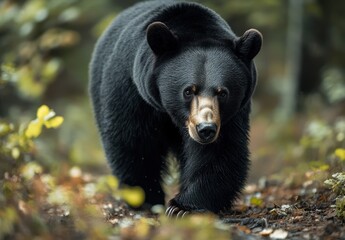 Fototapeta premium Majestic black bear walking through a forest path surrounded by autumn foliage and soft natural light showcasing the beauty of wildlife in its habitat