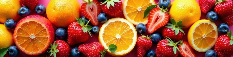 Naklejka premium Mixed fresh berries and citrus, colorful fruit medley , nature, ripe