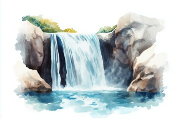 Fototapeta premium Watercolor of a serene waterfall cascading into a crystal-clear pool, minimalistic clipart isolated on white background