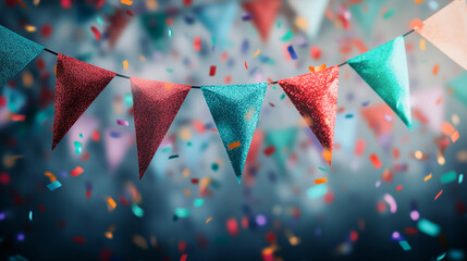 Glittery red and teal triangle bunting flags with confetti, symbolizing celebration, festivity, and joy, ideal for party or event themes