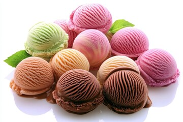 Obraz premium Colorful assortment of ice cream scoops arranged beautifully with mint leaves, showcasing flavors