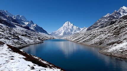 Himalayan Lake Serenity in Snowy Mountains.