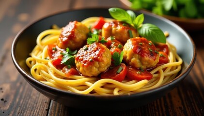 Fototapeta premium Hearty bowl of chicken meatballs & veggies in chili sauce, yellow noodles , unhealthy, eating, comfort food