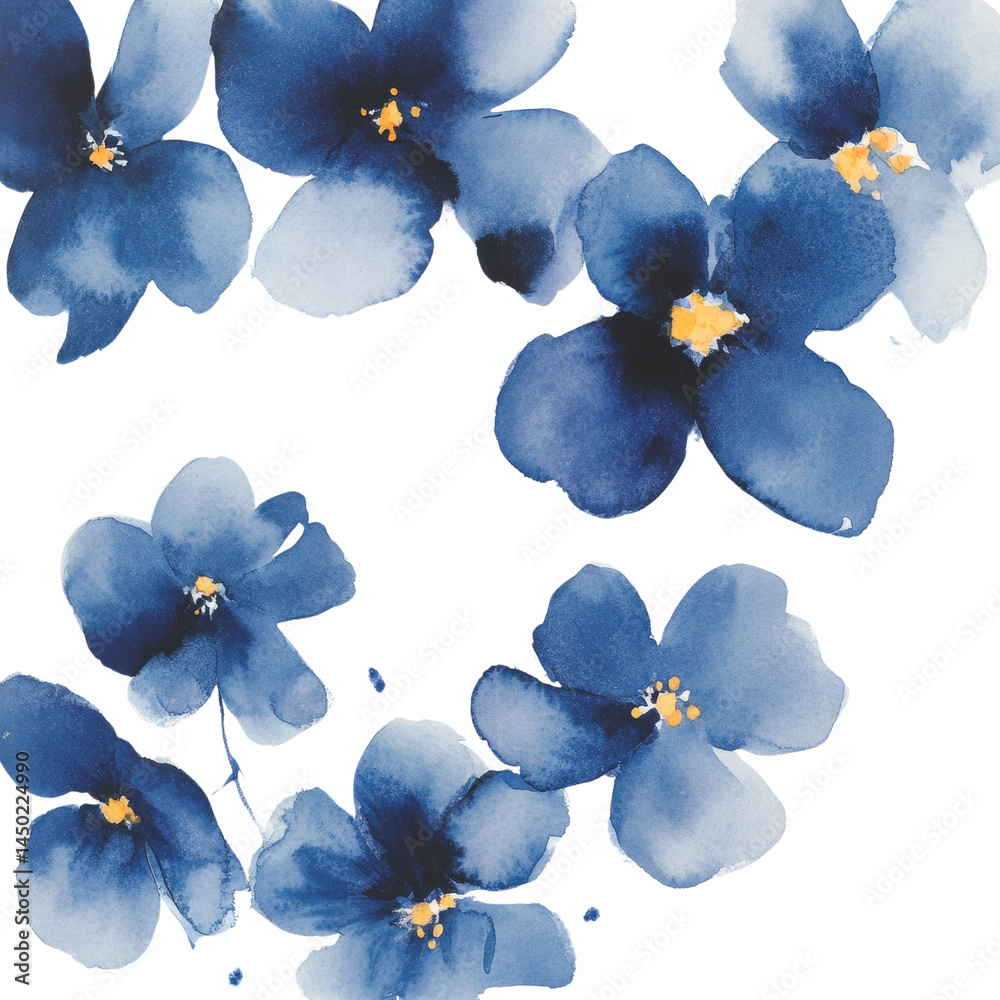 Poster elegant blue flower arrangement blossoms floating on a clean transparent canvas backdrop
