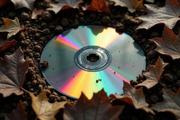 Shattered CD case buried, leaves & dirt obscuring it, detail, dirt, abandoned