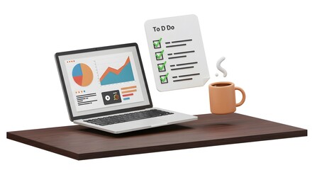 Laptop with Charts, to Do List, Coffee