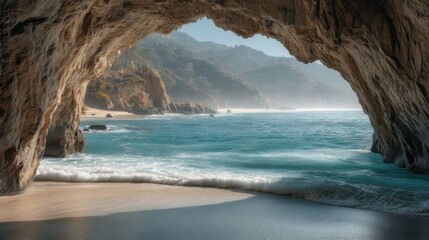 Serene Coastal Cave Scene with Ocean Waves