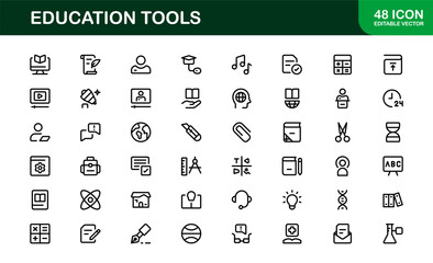 Modern Education Tools Icon Set Vector Illustration. Featuring Essential Symbols for Learning, Teaching, and Study to Enhance for Educational Projects.