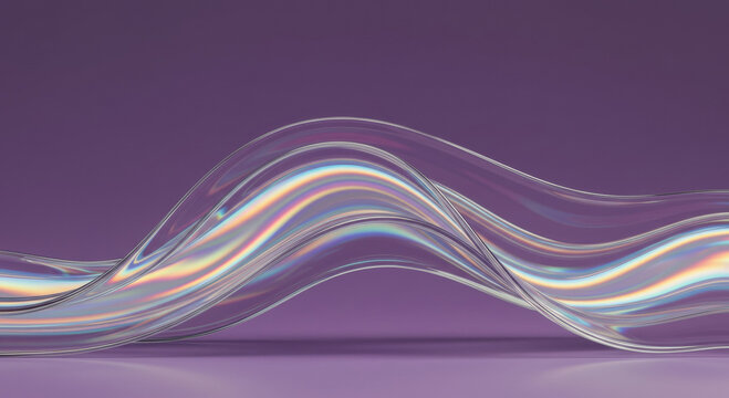 Abstract iridescent translucent wavy forms on a purple background. Dynamic flowing shapes with a modern aesthetic.