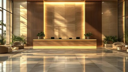 Modern luxury hotel reception area with stylish design, warm lighting, elegant seating, and indoor plants, symbolizing premium hospitality and contemporary welcoming atmosphere