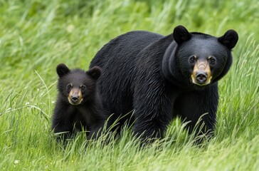 Fototapeta premium Majestic Black Bears in Natural Habitat: Mother and Cub foraging in Lush Green Grass Under Soft Natural Light