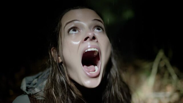 Dramatic close up of a woman outdoors at night with mouth open, looking up towards falling rain with an intense facial expression