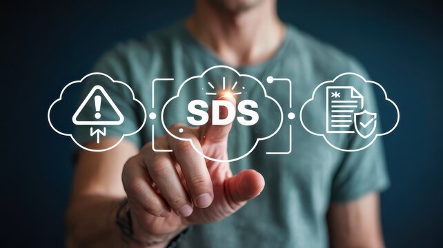 Close-up of a person interacting with a digital interface displaying safety data sheet.
