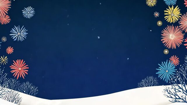 A winter holiday card illustration with falling snowflakes creates a cold Christmas landscape scene