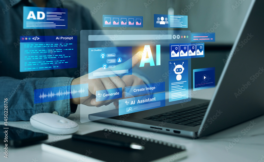 Poster person using laptop with ai content generator. interaction with the ai assistant to solve some tasks