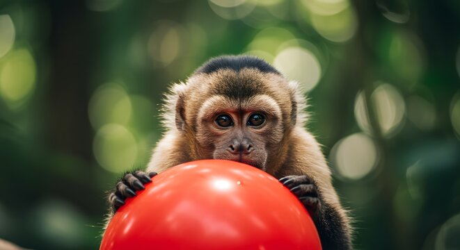 Monkey with Red Ball in Green Bokeh Background