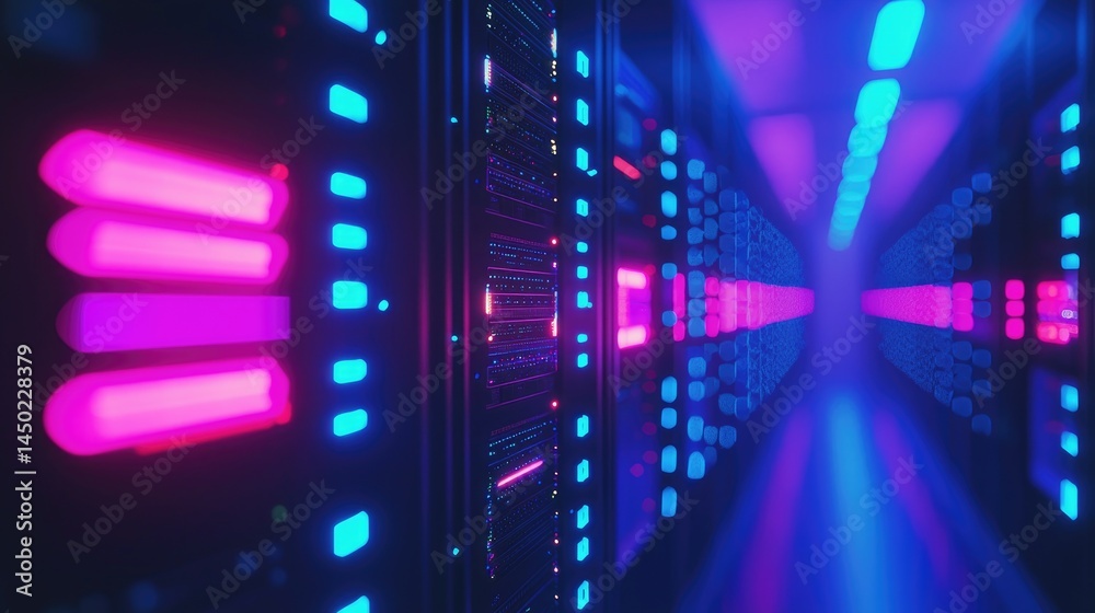 Fototapete digital corridor lined with glowing server racks in vivid pink and blue tones, ideal for cyberpunk, 