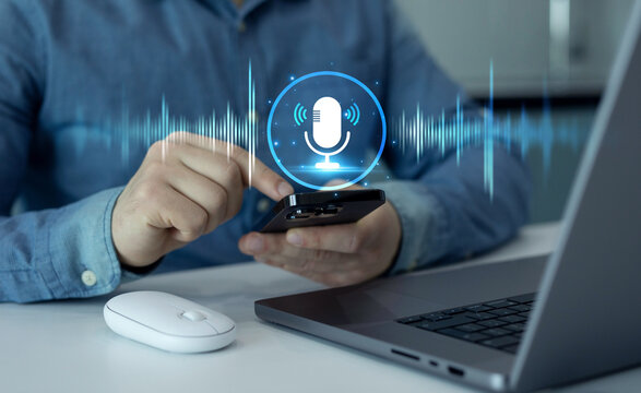 Voice recording and voice search concept.Sound recording or voice search with ai, speaker, music, voice message,assistance and marketing.Person using smartphone with virtual microphone.	 - Powered by Adobe