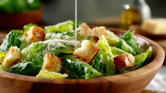 Caesar Salad: A close-up of Caesar salad, highlighting the fresh lettuce, croutons, and Parmesan cheese, all bathed in a rich dressing.