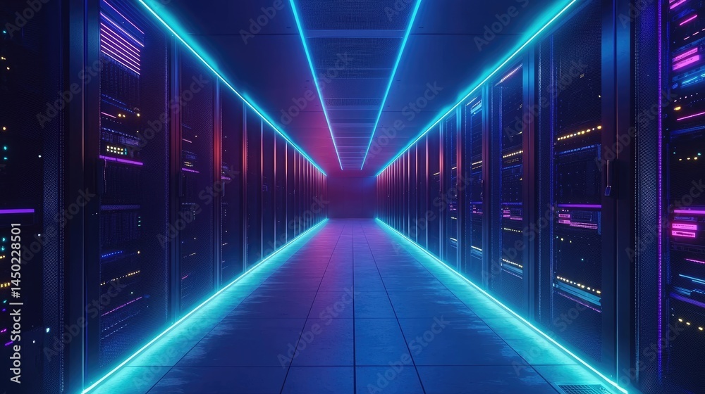 Aufkleber neon-lit futuristic hallway in a modern server room with racks on both sides, ideal for digital tech