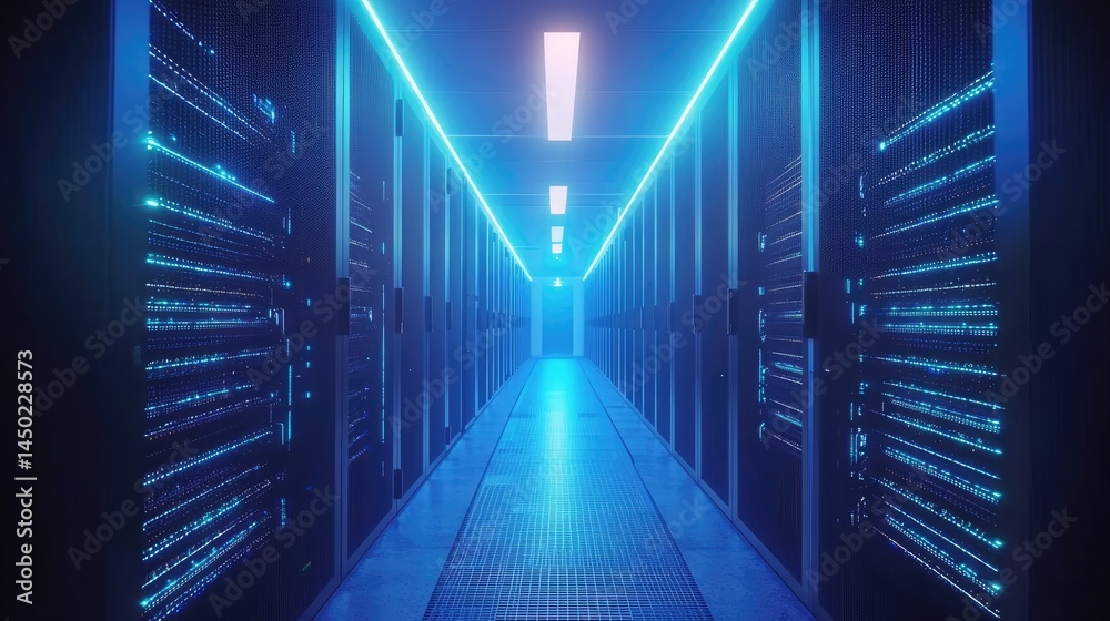 Fototapete data center interior with alternating pink and blue led lighting and reflection, great for modern te