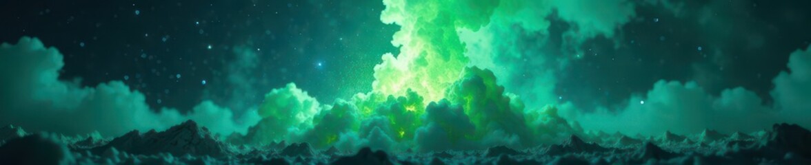 Luminous green eruption against a backdrop of swirling blue nebula dust, light, illustration, astronomy