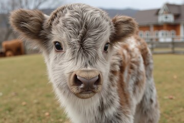 A close up of a brown and white calf standing in a field