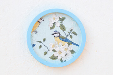 Gypsum jewelry dish with spring colors. Eurasian blue tit bird. Handmade trinket dish.
