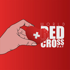World red cross day design background. May 8. Hand holding red cross sign on red background
