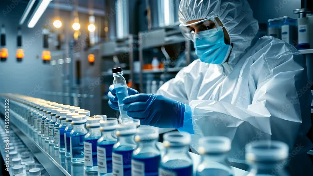 Poster a scientist wearing a mask, gloves, and protective suit examines vials of blue liquid on a productio