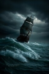 Naklejka premium A ship in the middle of a stormy ocean with a dark sky