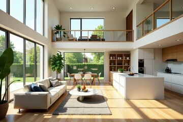 Fototapeta premium Sunlit open-plan living space Mezzanine level, sectional sofa, kitchen island, plants, wooden floors and stairs , greenery, scandi, spacious