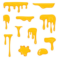 Dripping honey set elements isolated on white. Sweet honey dessert dripping