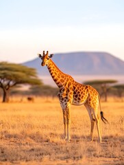 Obraz premium A lone giraffe stands in a golden savanna at dawn, a distant mountain silhouetted behind it