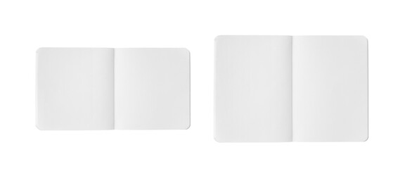 Overhead view of a white notebook clipping showing two spreads: one rectangular, the other square