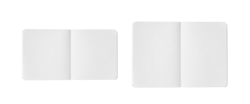 Overhead view of a white notebook clipping showing two spreads: one rectangular, the other square