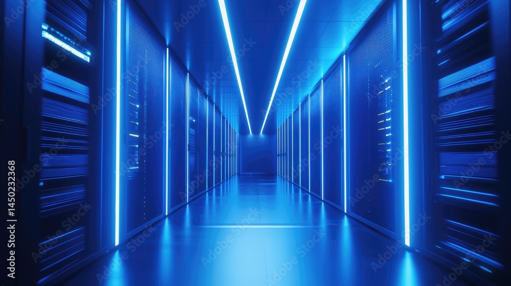 Poster symmetrical neon-lit server corridor with intense blue glow, ideal for futuristic tech, networking i