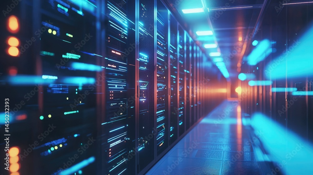 Poster server hallway with glowing racks and warm lighting in a tech-driven environment, great for it servi