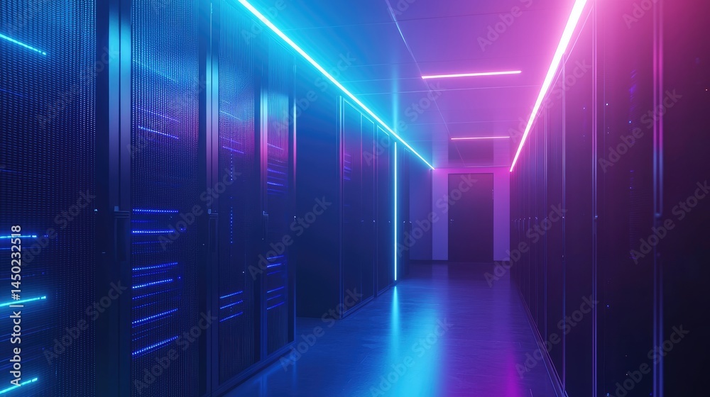 Poster server corridor lit by blue and pink neon strips, ideal for presentations on virtual computing, futu