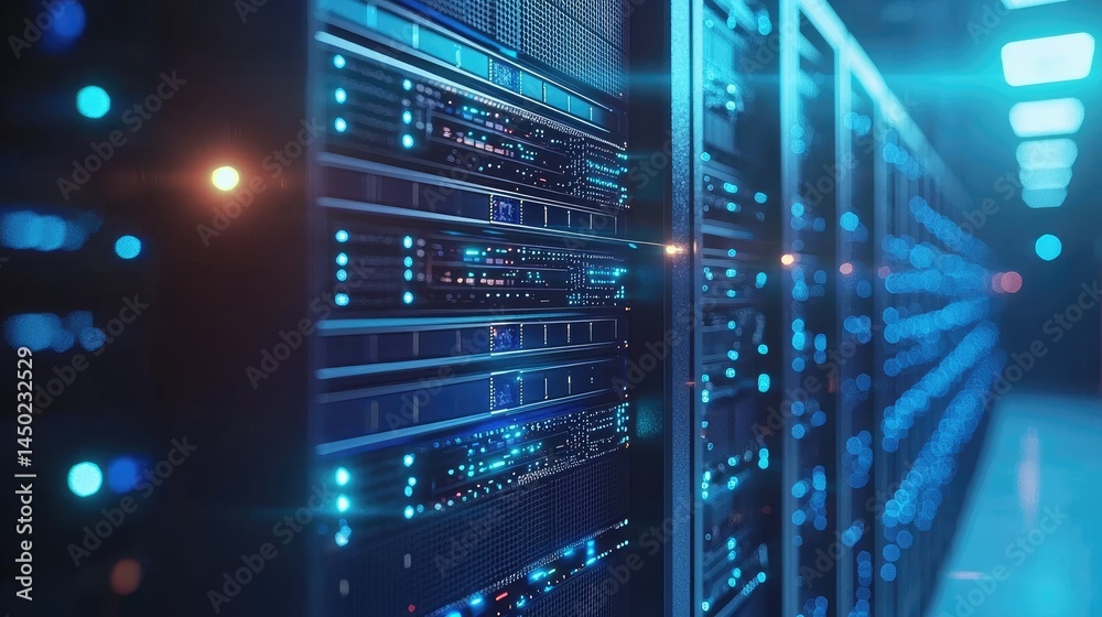 Poster close-up view of blue-lit server racks with reflections and light trails, perfect for cyber infrastr