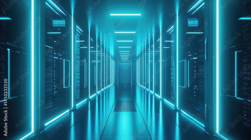 Poster futuristic symmetrical server corridor in cyan tones, ideal for it presentations, data center concep