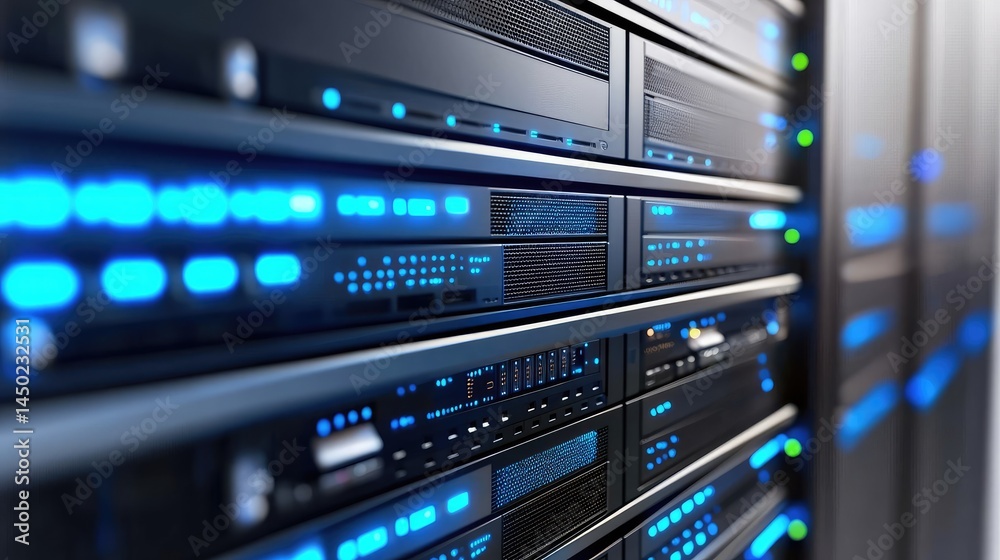 Fototapete Close-up render of network servers with sharp blue lights, perfect for tech branding, IT monitoring systems, and digital infrastructure designs