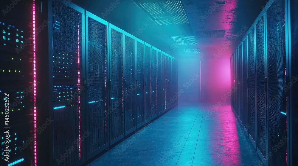 Poster moody neon-lit server aisle with mist and vibrant glow, ideal for cybersecurity, high-performance co