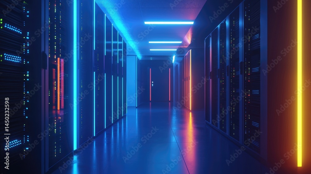 Fototapete blue and red lit server hallway with modern design and glowing server indicators, ideal for cybersec
