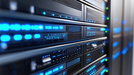 Obraz premium Close-up render of network servers with sharp blue lights, perfect for tech branding, IT monitoring systems, and digital infrastructure designs