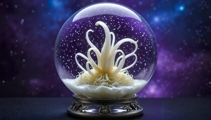 Futuristic snow globe with cream-colored tendrils on noodles inside, set against cosmic backdrop, symbolizing culinary imagination, molecular gastronomy and otherworldly food presentation

