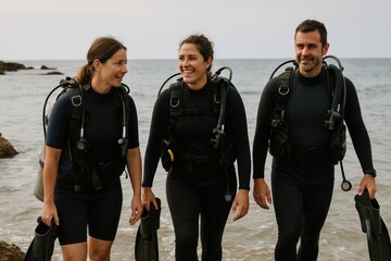 Divers smiling on beach