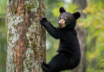 Playful Black Bear Cub Climbing Tree in Lush Green Forest, Capturing the Natural Curiosity and Innocence of Wildlife in Their Natural Habitat