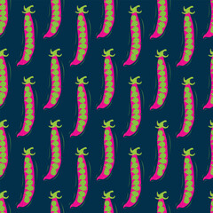 Veggies seamless hand drawn vector pattern with illustrated green peas in vibrant color combination